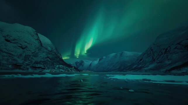 A dramatic view of the fjords of Norway under the dancing Northern Lights during winter solstice, Fjord scene, Dramatic style