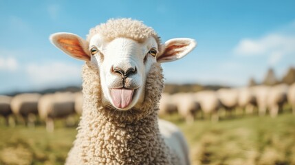 Fototapeta premium A playful sheep sticking out its tongue in a sunny pasture, surrounded by a flock of fluffy sheep and a clear blue sky.