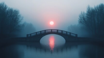 Naklejka premium A serene bridge emerges through mist at sunrise, reflecting tranquil water. Perfect for nature and landscape themes.
