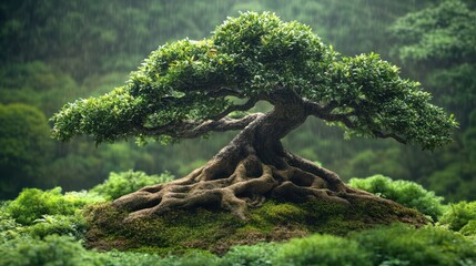Ancient Bonsai Tree in a Lush Forest