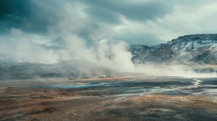 Obraz premium A dramatic view of the geothermal pools and colorful hot springs of Haukadalur Valley in Iceland, Geological scene, Cinematic style