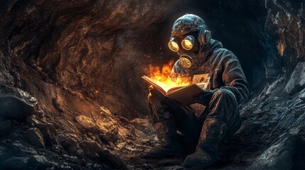 A young miner in a protective suit sits in a tunnel with a burning scrapbook in hand. 