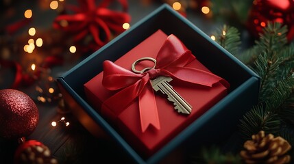 The key to the house in an elegant gift box with a red ribbon and bow. Real estate purchases, housewarmings, Christmas and other festive events.