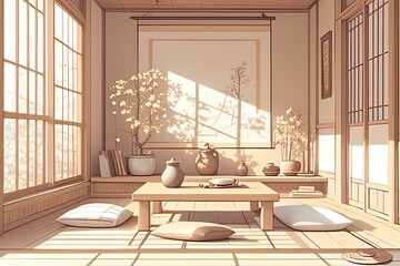 Japanese Style Room Illustration with Wooden Floor, Table, and Pillows