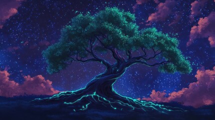 Obraz premium A Mystical Tree Under A Starry Sky