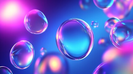 Abstract 3D background with glass circles and neon holographic colors for digital design. 