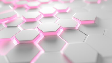 Abstract background with white hexagons creating a beehive effect. Soft pink glows are visible between the hexagons, which add a modern and technological look to the composition.