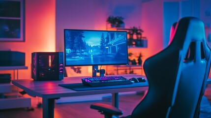 A vibrant gaming setup featuring a sleek monitor, keyboard, and ergonomic chair in a modern, colorful environment.
