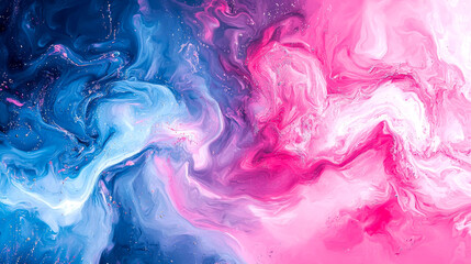 Fototapeta premium Abstract swirling blue, pink, and white paint background with glitter.