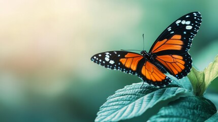 Fototapeta premium A vibrant orange butterfly perched delicately on a green leaf, showcasing nature's beauty and tranquility in a serene environment.