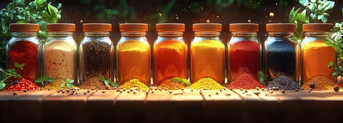 A colorful illustration of various spices in glass jars