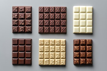 Obraz premium Set of white blank packaging for a chocolate bar with brown and beige colors, top view isolated on a grey background mockup template design 