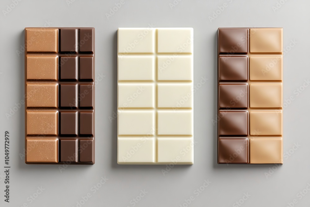 Wall mural  Set of white blank packaging for a chocolate bar with brown and beige colors, top view isolated on a grey background mockup template design 

