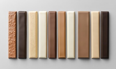 Naklejka premium Set of white blank packaging for a chocolate bar with brown and beige colors, top view isolated on a grey background mockup template design