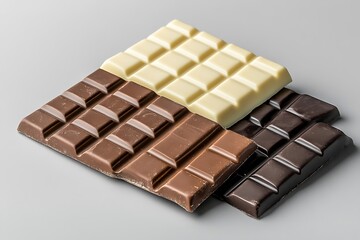  Set of white blank packaging for a chocolate bar with brown and beige colors, top view isolated on a grey background mockup template design 

