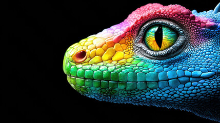 vibrant and colorful lizard with rainbow pattern on its scales, showcasing intricate details and striking eye. image captures beauty and uniqueness of this reptile against dark background