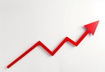 Red arrow pointing up, white background, upward trend. 
Red arrow signalling growth on a white background, perfect for illustrating financial success and upward trends in presentations or reports.