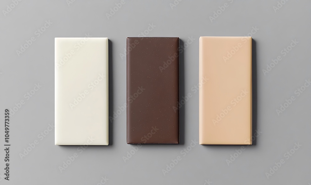 Wall mural  Set of white blank packaging for a chocolate bar with brown and beige colors, top view isolated on a grey background mockup template design 

