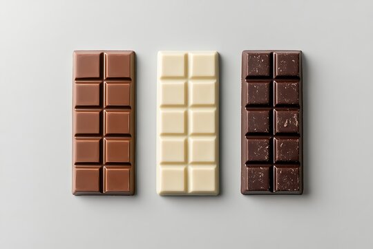  Set of white blank packaging for a chocolate bar with brown and beige colors, top view isolated on a grey background mockup template design 

