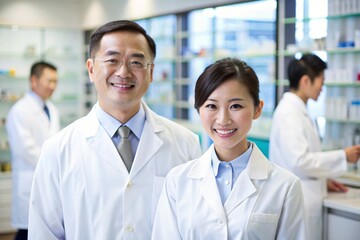 Fototapeta premium Pharmacists working in pharmacies, hospitals, and drug stores (prescriptions, medicines, supplements)