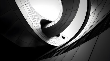 Obraz premium Abstract black and white photo of a modern building's curved exterior, with a dramatic and futuristic feel.