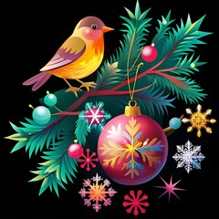 Fototapeta premium Christmas card, sticker with bird, colorful holiday decorations on black background. Collection winter seasonal design, set decorative drawn elements, greeting template Merry Christmas Happy New Year.
