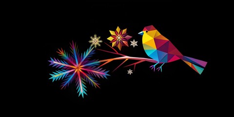 Obraz premium Christmas card, sticker with bird, colorful holiday decorations on black background. Collection winter seasonal design, set decorative drawn elements, greeting template Merry Christmas Happy New Year.