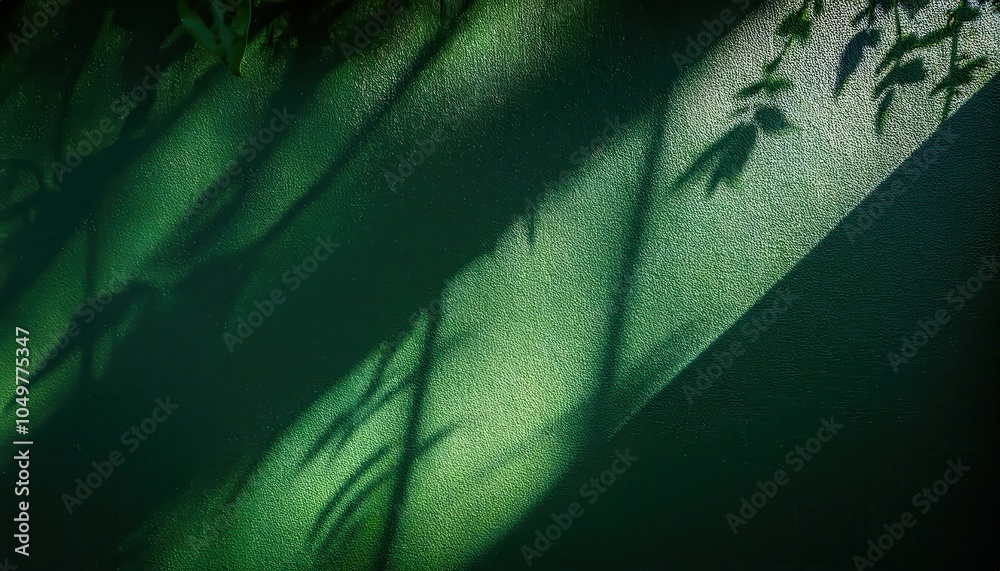 Poster sunlit leaf shadows on textured green surface. minimalistic nature inspired background with natural 