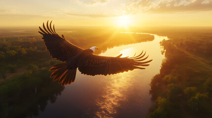 Obraz premium An eagle soars through the sky at sunset, with a river winding through the landscape below.