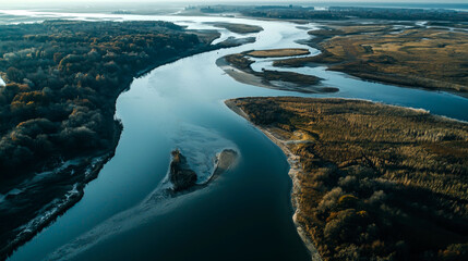 Aerial view of a winding river with a small island in the middle, surrounded by trees and grasslands.
