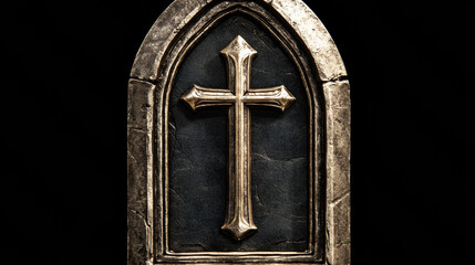 beautifully crafted Gothic style cross set against dark background, showcasing intricate details and sense of reverence. This striking piece evokes feeling of solemnity and spirituality