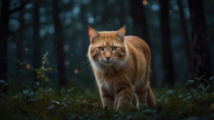 Obraz premium A ginger cat with piercing green eyes stands tall in a moonlit forest. The soft glow of the moonlight illuminates its fur, highlighting its intricate patterns.