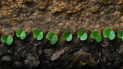 Ants carrying leaves, forest floor close-up