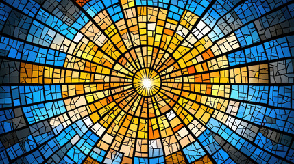Vibrant stained glass window featuring radiant sun design, showcasing intricate patterns in shades of blue, yellow, and orange. artwork creates joyful and uplifting atmosphere