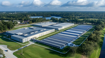 Aerial View of Data Center Facility with Solar Panels