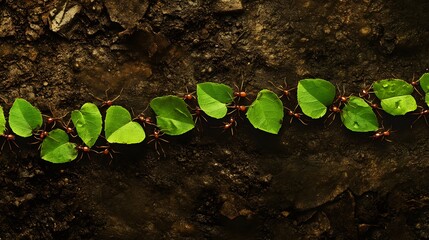 Leafcutter ants carrying leaves in a line