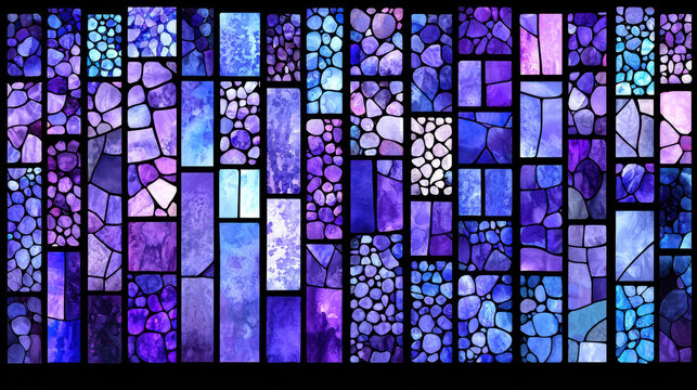 Vibrant stained glass artwork featuring mosaic of purple hues, showcasing various shapes and textures that create joyful and artistic expression