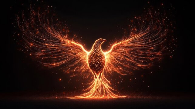 A glowing phoenix with intricate feather details, wings alight with magical flames, ascending in a burst of light, Mythical Creature, Epic Fantasy, Fire Element