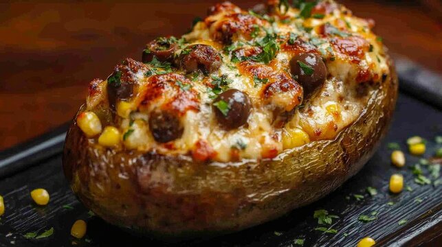 Baked kumpir potato filled with cheese, sausage, olives, peppers, and corn.
