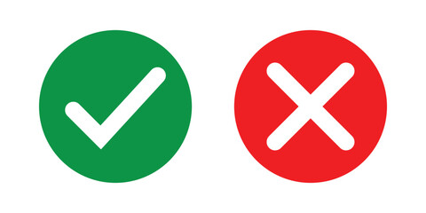 green check mark and red cross icon set in circle and square. Tick & cross icon button set. Yes or no symbol, approved or rejected icon.