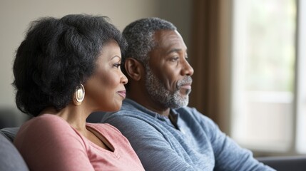 Obraz premium Happy bonding loving middle aged senior retired couple sitting on sofa looking in distance, recollecting good memories or planning common future, enjoying peaceful moment together at home