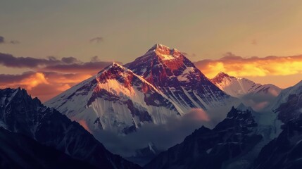 A majestic view of Mount Everest from the Tibetan Plateau during sunrise, Mountain scene, Majestic style