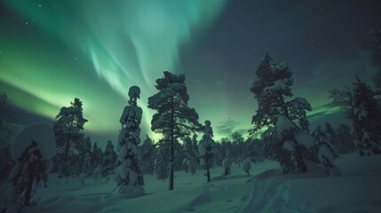 Fototapeta premium A majestic view of the Northern Lights over the snow-covered forests of Lapland, Arctic scene, Ethereal style