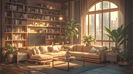 Fototapeta premium Modern living room interior design with a large window overlooking a city skyline.