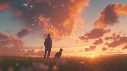 As the sun sets, a man and his loyal dog stand amidst the tall grass, gazing thoughtfully at the emerging stars. The vivid sky is painted with enchanting colors and detailed clouds.