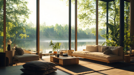 Modern living room with large windows overlooking a lake and forest.