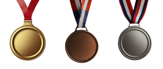 Set of gold, bronze and silver academic award medals isolated on transparent background. Generative AI