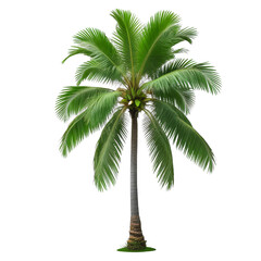 Obraz premium Lush green palm fronds on a tall coconut tree, ideal for vacation visuals and tropical themes
