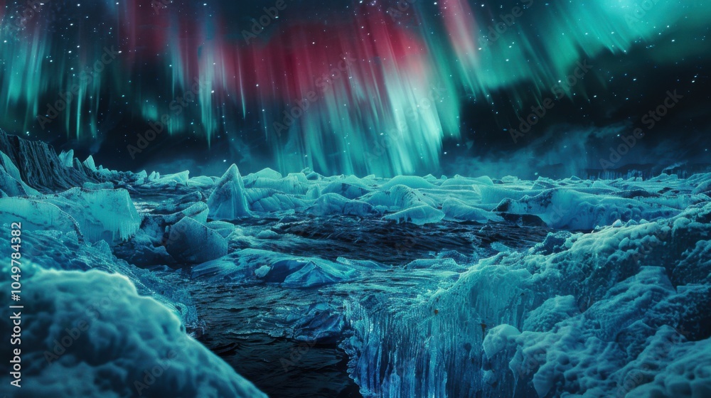 Aufkleber a mesmerizing perspective of a high-altitude glacier lake with frozen ice formations and a rare, dee