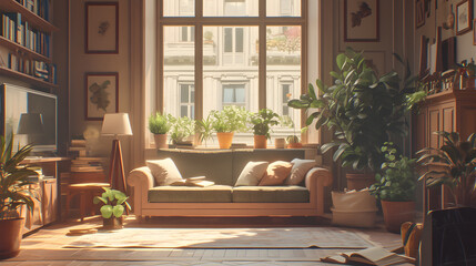 Fototapeta premium Sunlit living room with sofa, plants, and bookshelves.